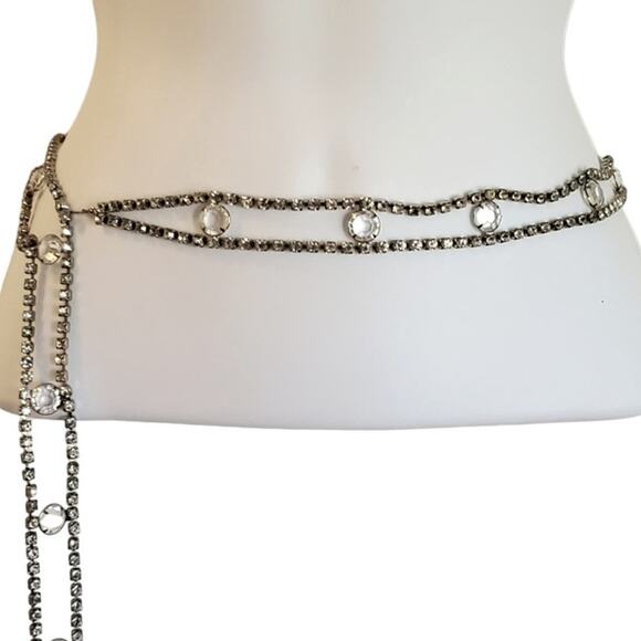 Crystal Rhinestone Belt Silver Tone Prong D&E 38" Skinny Bling Adjustable 1960s - Picture 2 of 12